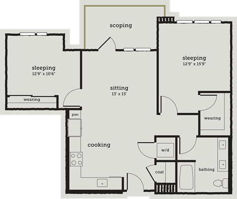 Floor plan for 2 beds, 1 bath, 923 sqft